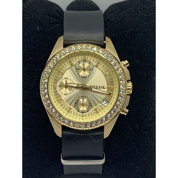 Fossil ES2683 Women Black Leather Analog Champagne Dial Quartz Wrist Watch JD358 - Picture 2 of 11